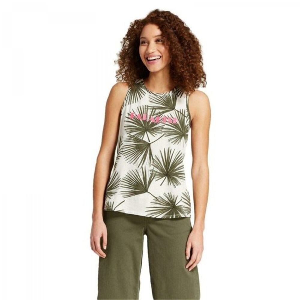 A NEW DAY • Paradise Palm Print + Pink Embroidered Tank Top